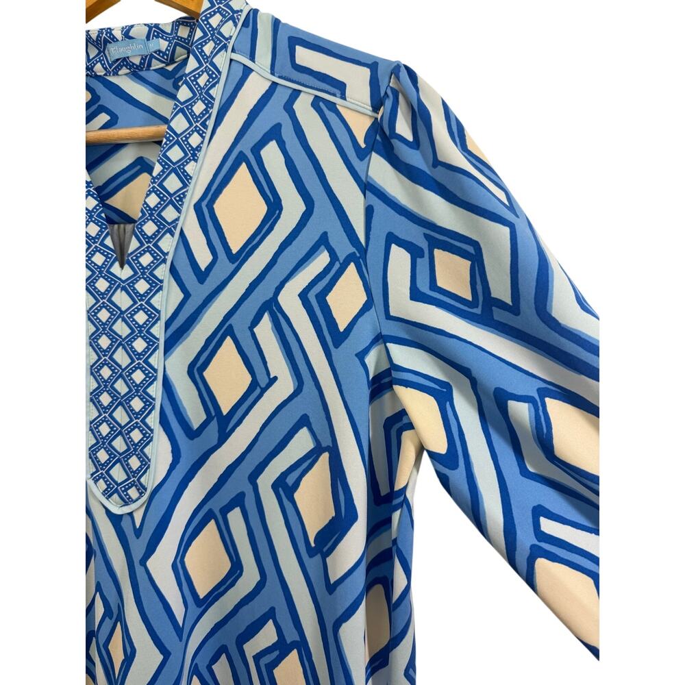 J McLaughlin Emer Dress M Blue Geo Print V-Neck 3/4 Sleeve Midi Casual Resort - Picture 8 of 9